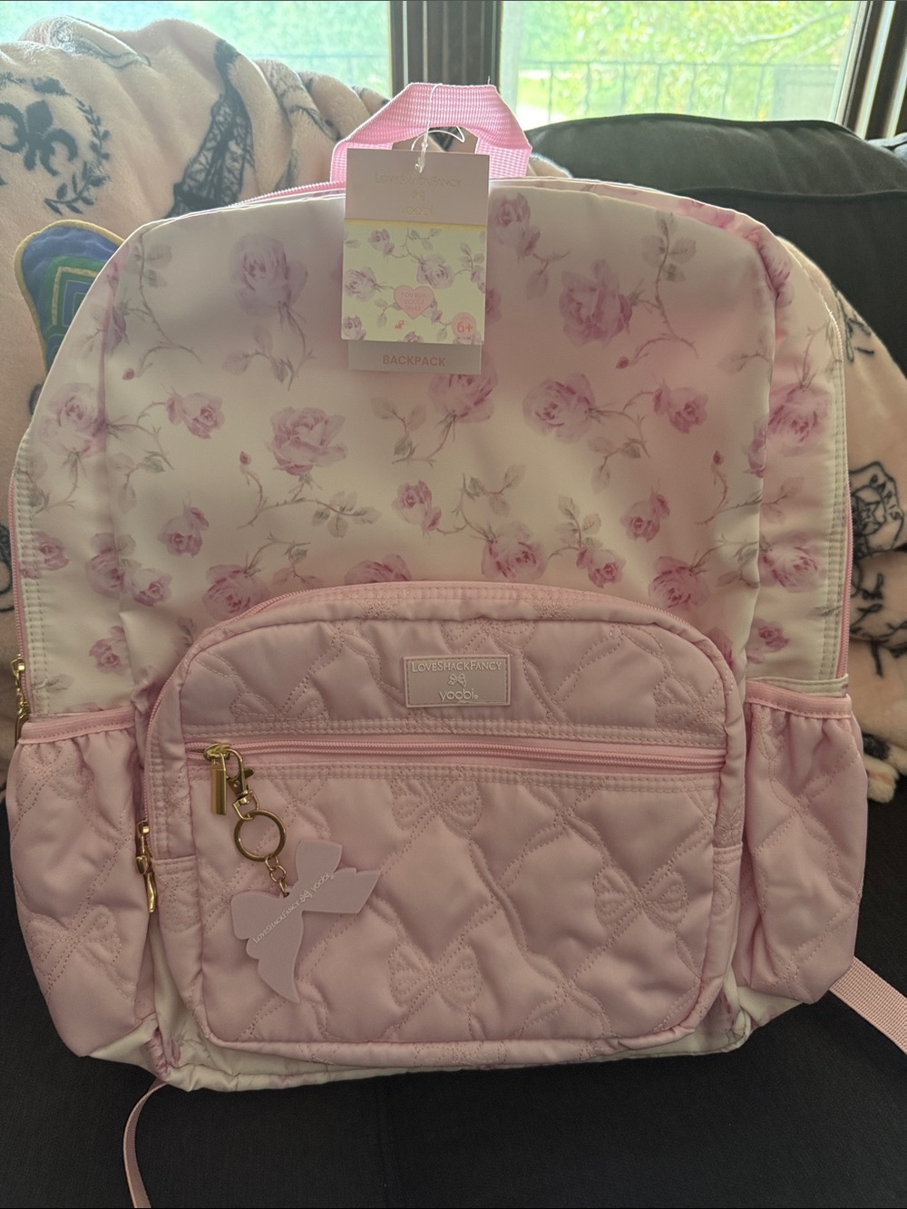 LoveShackFancy Pink Floral Quilted Kids Backpack with Bow Charm